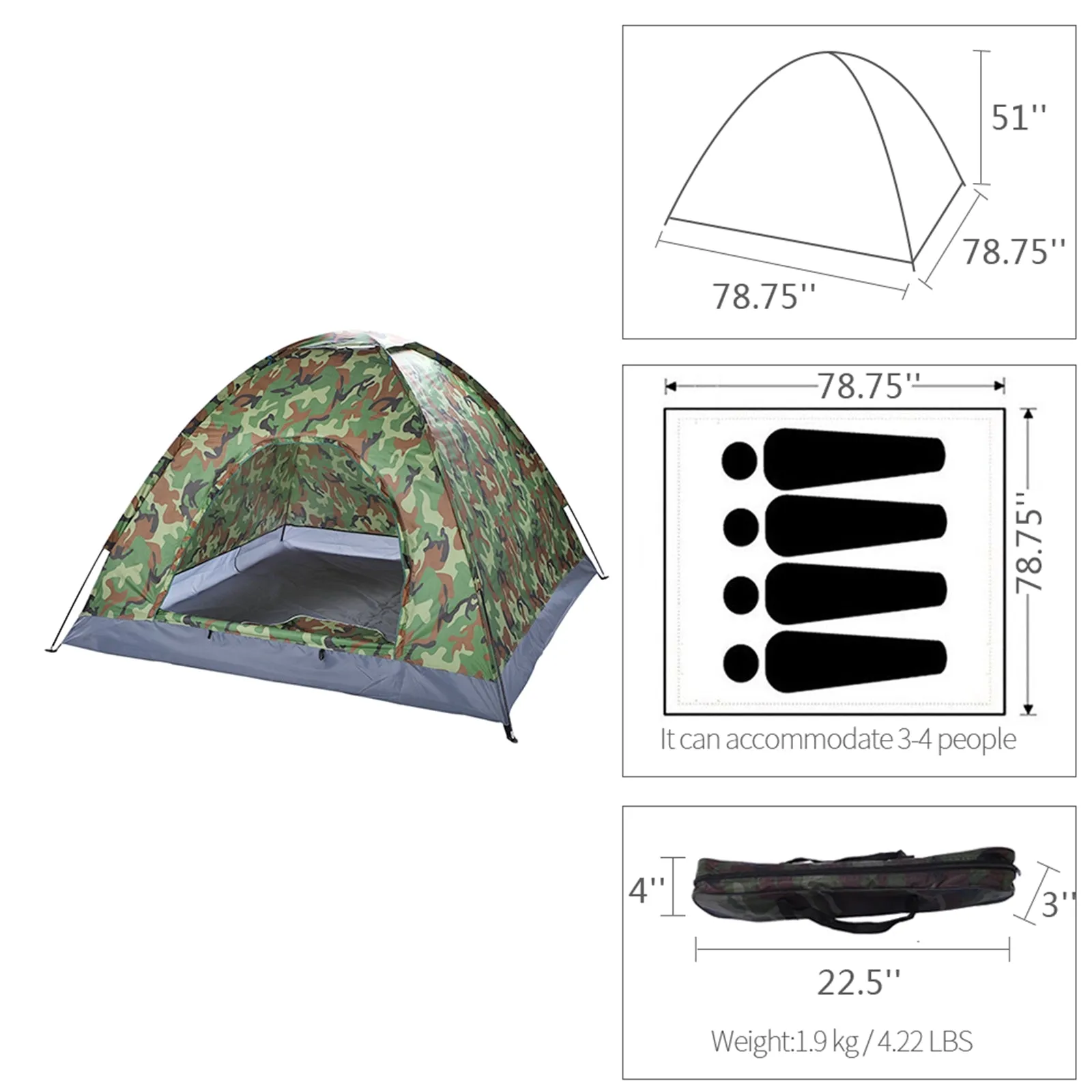 3-4 Person Camouflage Camping Dome Tent