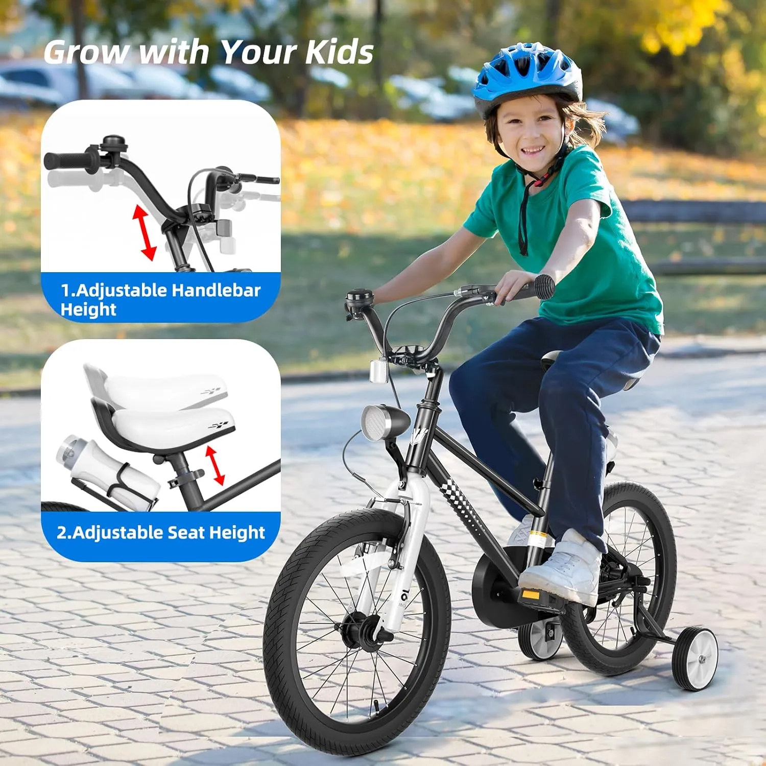 67i Boys Toddler Bike with Training Wheels, 12/14/16 Inch, Adjustable Handlebar & Seat, Bell, Water Bottle Cage, Reflective Stripes & Front Light - Bicycle for Kids 3-8 Years Old