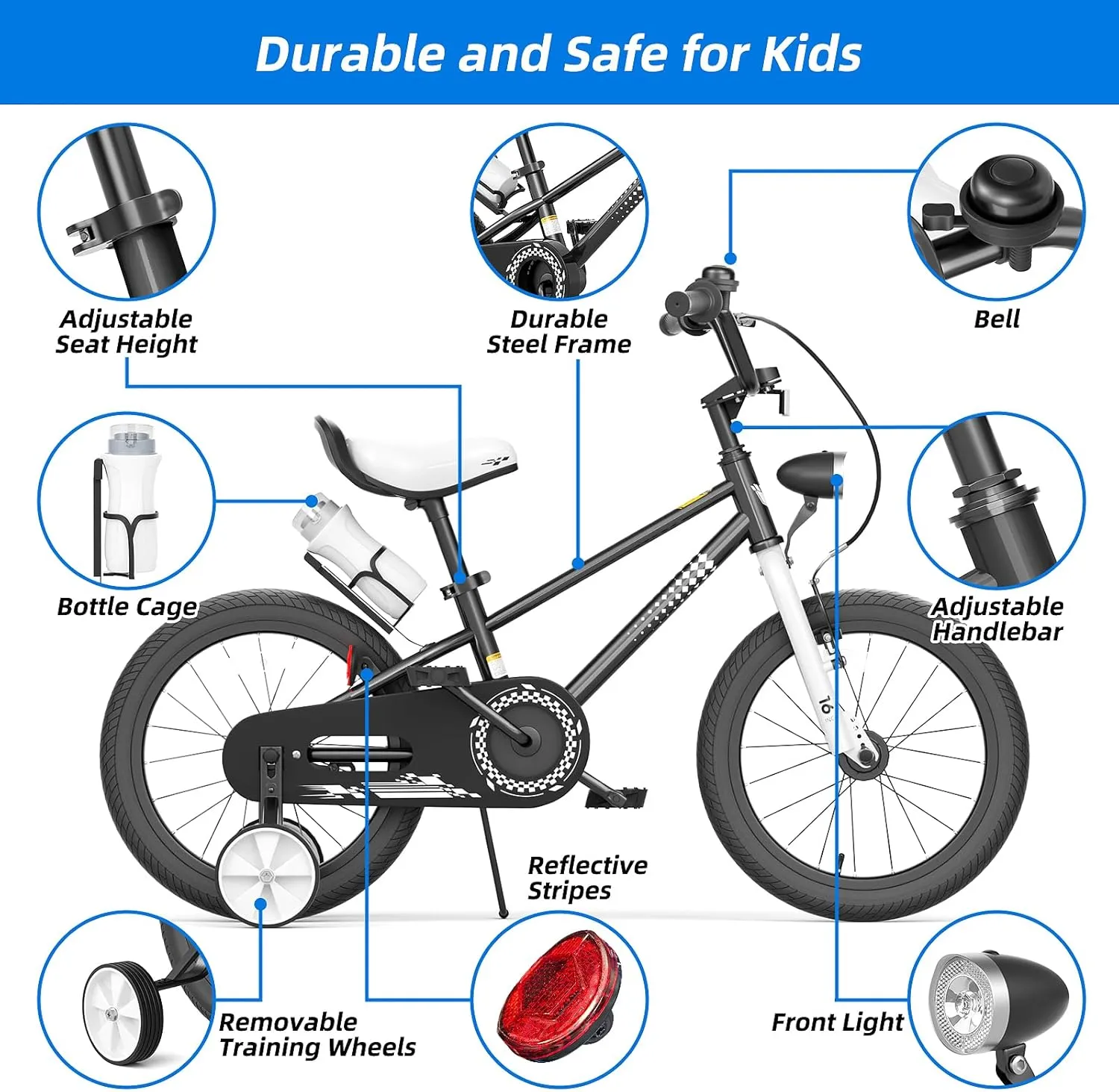 67i Boys Toddler Bike with Training Wheels, 12/14/16 Inch, Adjustable Handlebar & Seat, Bell, Water Bottle Cage, Reflective Stripes & Front Light - Bicycle for Kids 3-8 Years Old