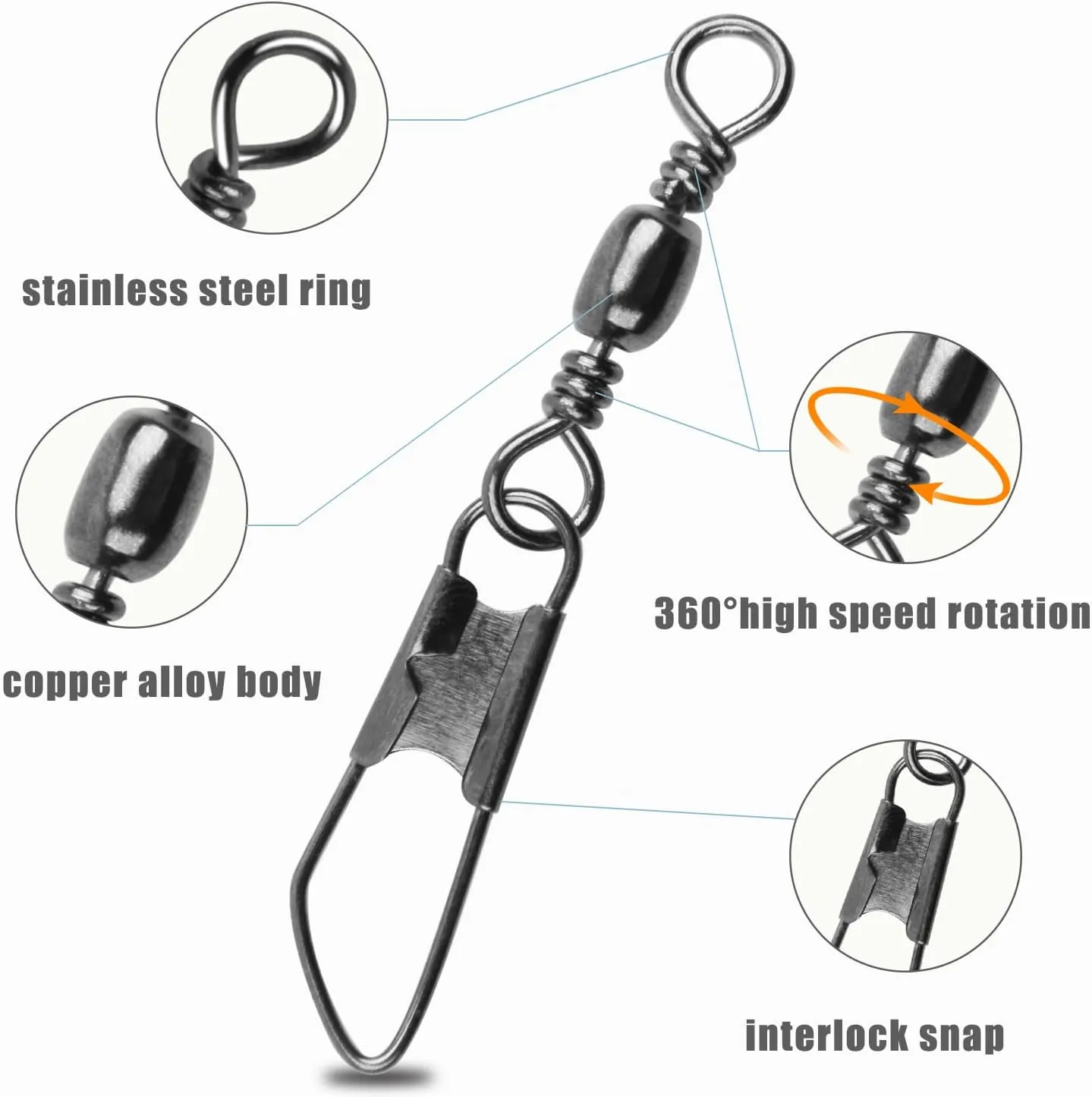 AGOOL Barrel Swivel Snap Kit - 50pcs Barrel Swivels with Safety Snaps High Strength Fishing Quick Connect Snap Swivels with Solid Ring Fishing Tackle Accessories Box Kit Size 4#,6#,8#,10#,12#,14#