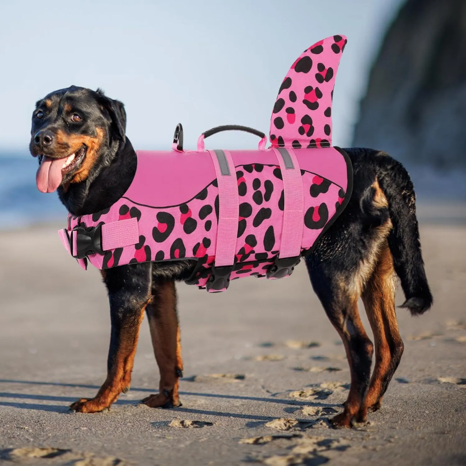 ASENKU Dog Life Jacket - Pet Safety Vest for Swimming & Boating, Shark Life Jacket with Floatation, Dog Lifesavers Swimsuits for Small Medium Large Dogs (Pink Leopard, 2XL)
