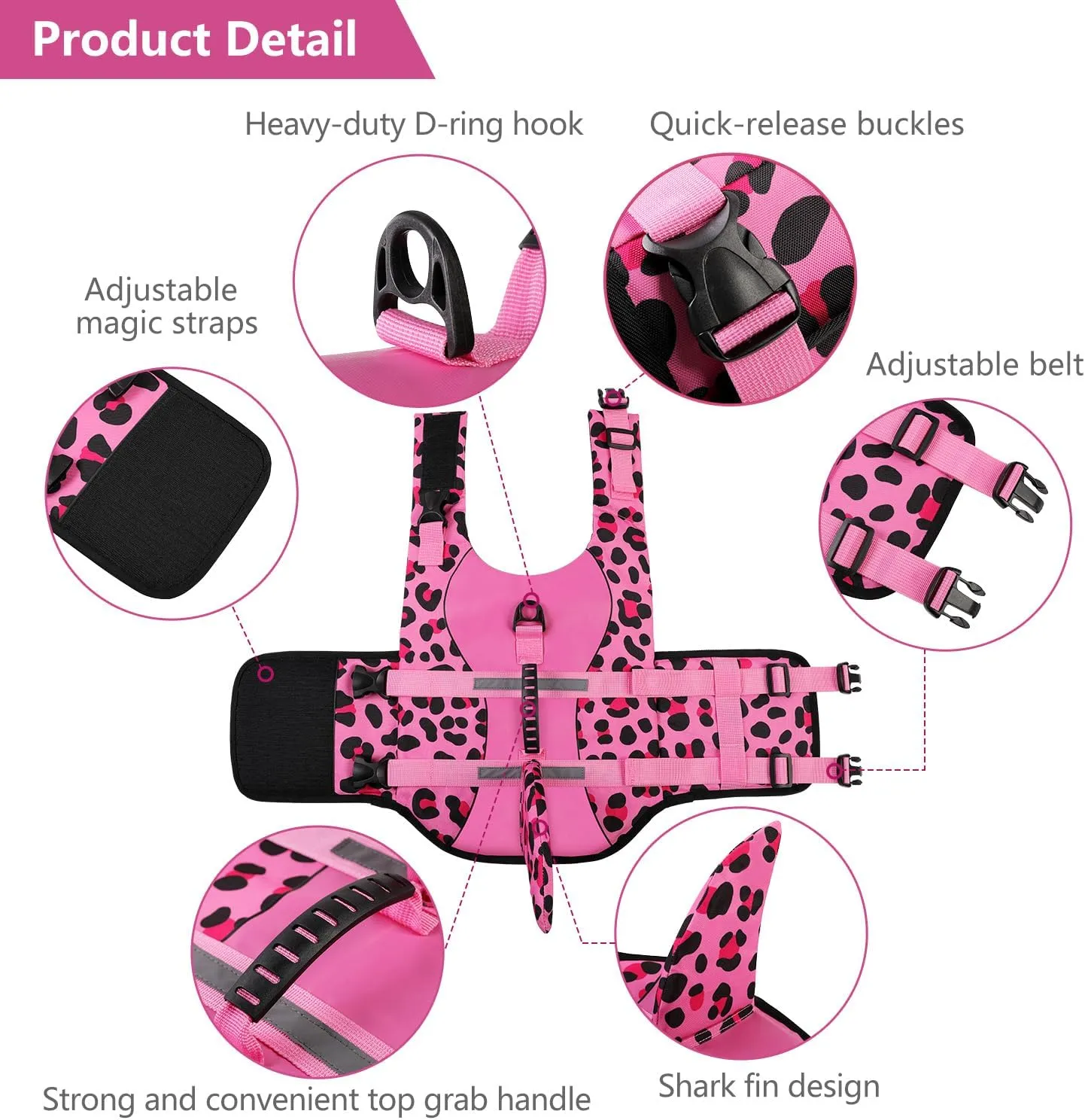 ASENKU Dog Life Jacket - Pet Safety Vest for Swimming & Boating, Shark Life Jacket with Floatation, Dog Lifesavers Swimsuits for Small Medium Large Dogs (Pink Leopard, 2XL)