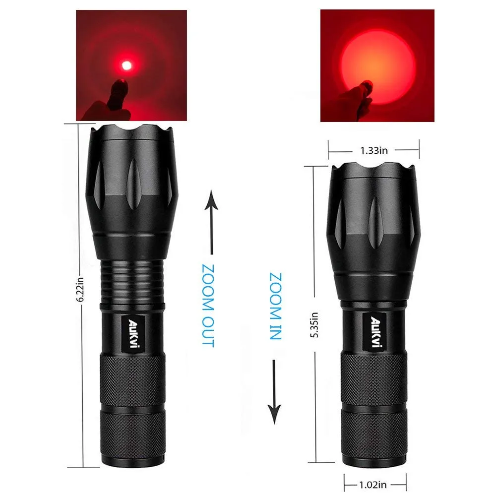 AuKvi Deep Red Light Flashlight 670nm Single Mode Long Range Red Hunting Flashlights Torch with Zoomable for Astronomy, Aviation, Night Observation-Black