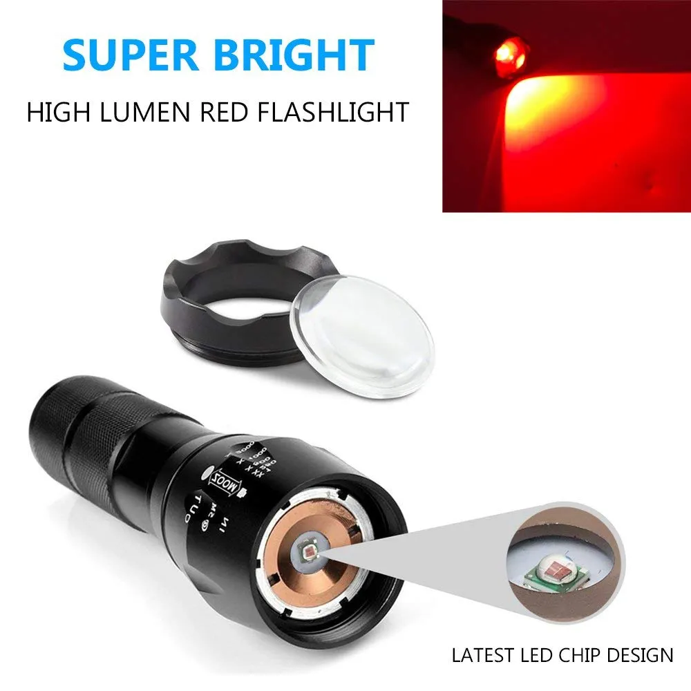 AuKvi Deep Red Light Flashlight 670nm Single Mode Long Range Red Hunting Flashlights Torch with Zoomable for Astronomy, Aviation, Night Observation-Black