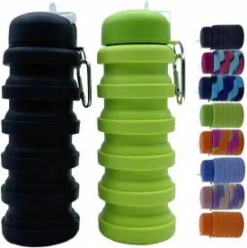 Collapsible Water Bottles 2 Pack 16oz(about 500ml), Travel Portable Sport Water Bottle, Silicone Foldable Water Bottles for Gym Camping Outdoor Hiking. (Black Green)