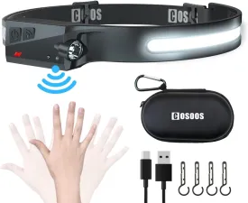 COSOOS LED Headlamp Rechargeable Flashlight & Carry Case, Bright Head Lamp Floodlight & Spot Light, Motion Sensor,2.4oz Lightweight Headlight for Hard Hat, Outdoor Hiking & Camping Gear