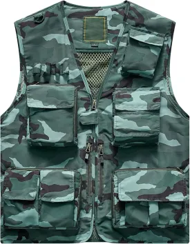 Flygo Men's Casual Lightweight Outdoor Fishing Work Safari Travel Photo Cargo Vest Jacket Multi Pockets