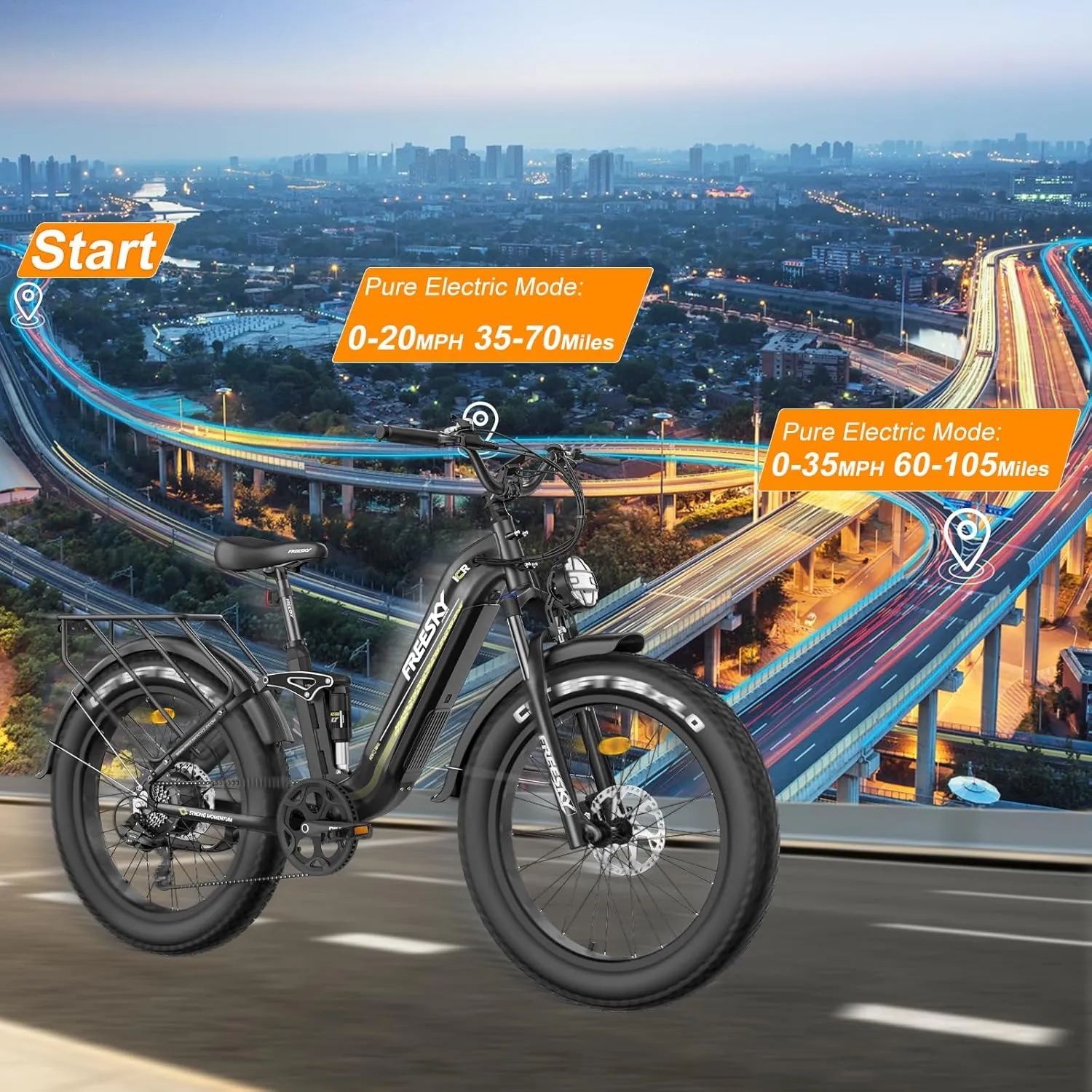 FREESKY Electric Bike for Adults, 35MPH & 105Miles Long Range Ebike, 1600W Power, 25A Samsung Cells Battery, Step-Thru 26'' Fat Tire Full Suspension E Bike for Commute Beach Snow Mountains