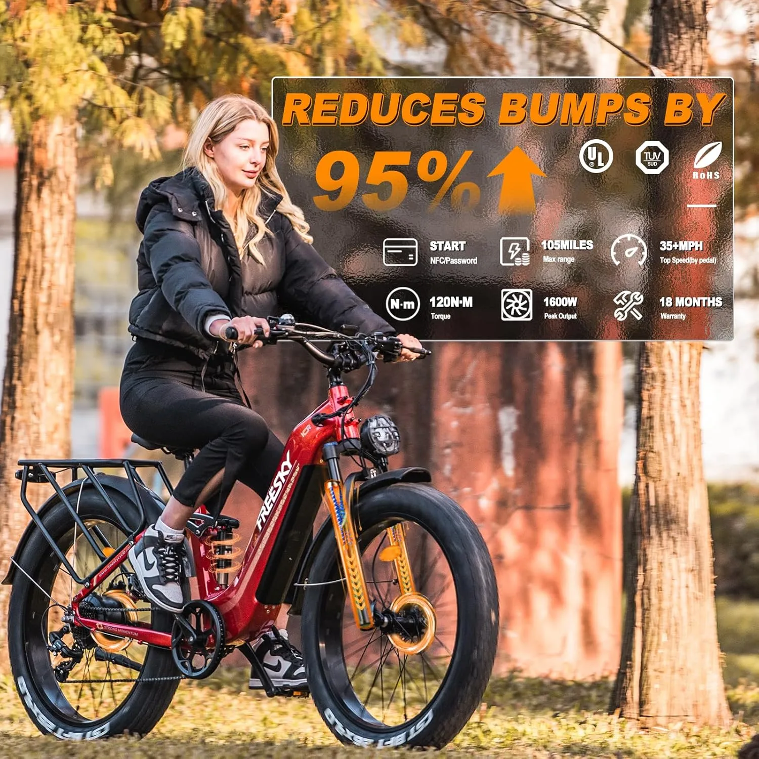 FREESKY Electric Bike for Adults, 35MPH & 105Miles Long Range Ebike, 1600W Power, 25A Samsung Cells Battery, Step-Thru 26'' Fat Tire Full Suspension E Bike for Commute Beach Snow Mountains