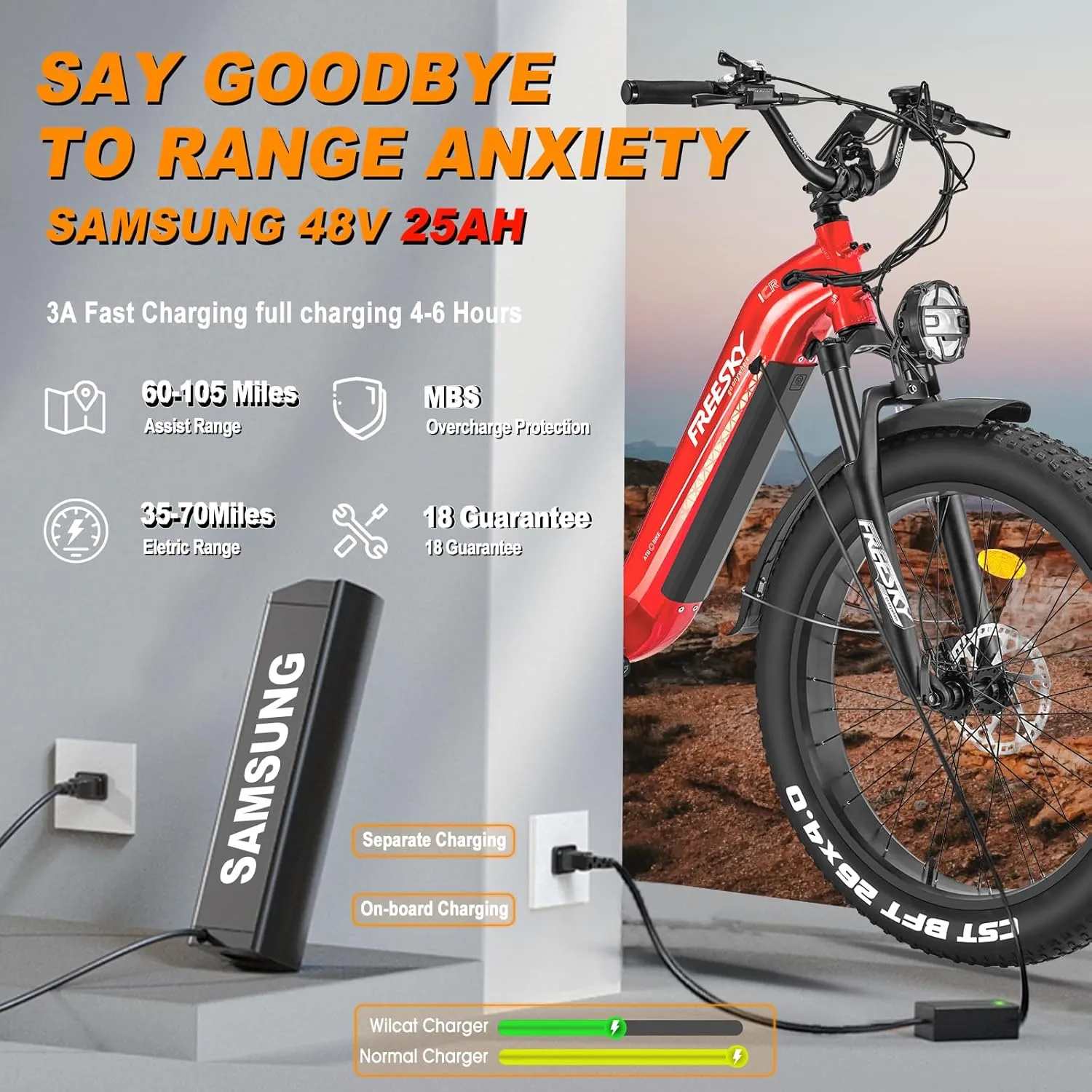 FREESKY Electric Bike for Adults, 35MPH & 105Miles Long Range Ebike, 1600W Power, 25A Samsung Cells Battery, Step-Thru 26'' Fat Tire Full Suspension E Bike for Commute Beach Snow Mountains