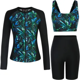 JACK SMITH Women's 3 Piece Long Sleeve Rash Guard Swimsuits Zip Front Bathing Suit Tankini Swimsuits UPF 50