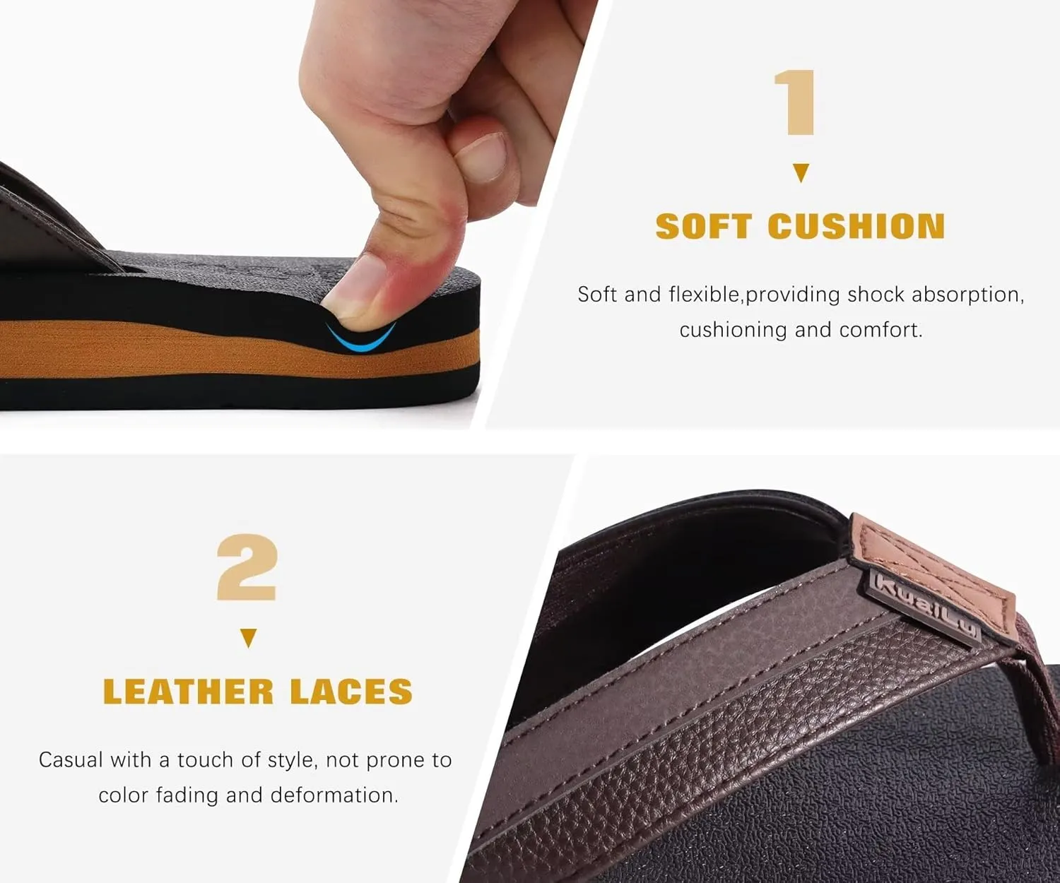 KuaiLu Men's Yoga Mat Leather Flip Flops with Arch Support Comfortable Cushion Walking Thong Sandals Slip On Indoor Outdoor