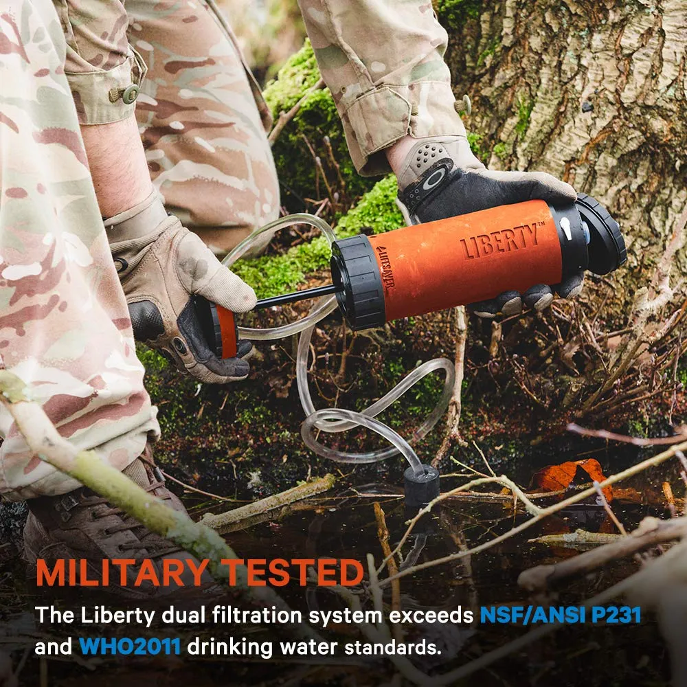 LIFESAVER Liberty Water Purifier Bottle - Dual Stage Purifier Water Bottle with Inline Pump - Perfect for Camping, Hiking, Emergency Preparedness and Survival Kits (Blue) (Orange)