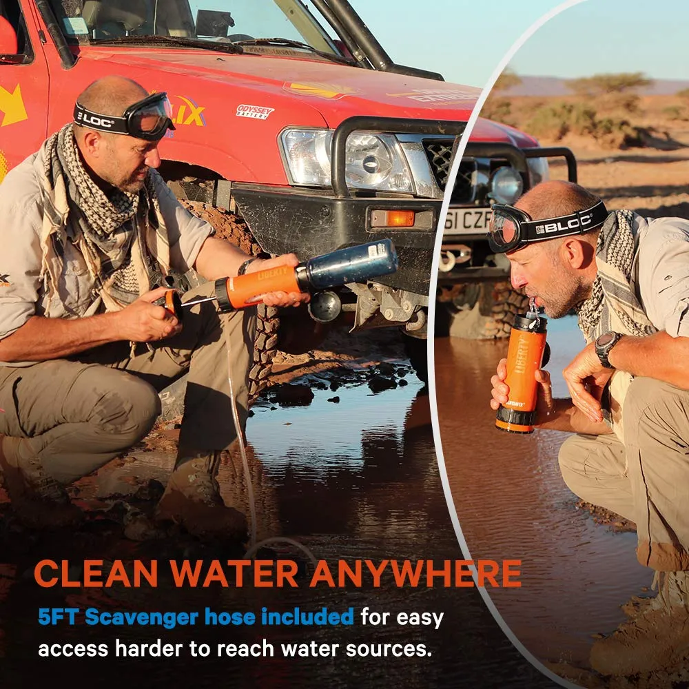 LIFESAVER Liberty Water Purifier Bottle - Dual Stage Purifier Water Bottle with Inline Pump - Perfect for Camping, Hiking, Emergency Preparedness and Survival Kits (Blue) (Orange)