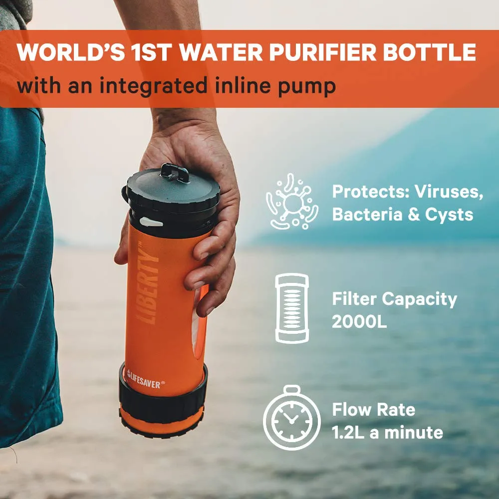 LIFESAVER Liberty Water Purifier Bottle - Dual Stage Purifier Water Bottle with Inline Pump - Perfect for Camping, Hiking, Emergency Preparedness and Survival Kits (Blue) (Orange)
