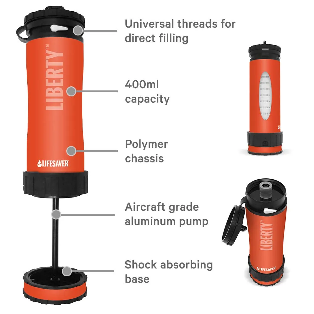LIFESAVER Liberty Water Purifier Bottle - Dual Stage Purifier Water Bottle with Inline Pump - Perfect for Camping, Hiking, Emergency Preparedness and Survival Kits (Blue) (Orange)