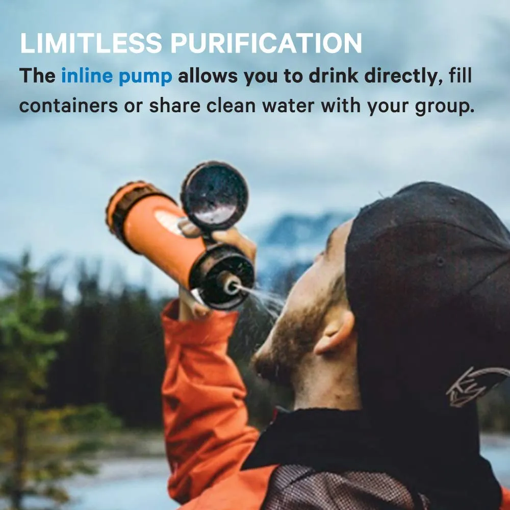 LIFESAVER Liberty Water Purifier Bottle - Dual Stage Purifier Water Bottle with Inline Pump - Perfect for Camping, Hiking, Emergency Preparedness and Survival Kits (Blue) (Orange)