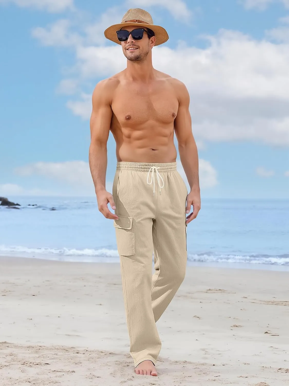Mens Linen Pants Casual Summer Beach Pants Lightweight Drawstring Yoga Trousers Vacation Cargo Pants with Pockets