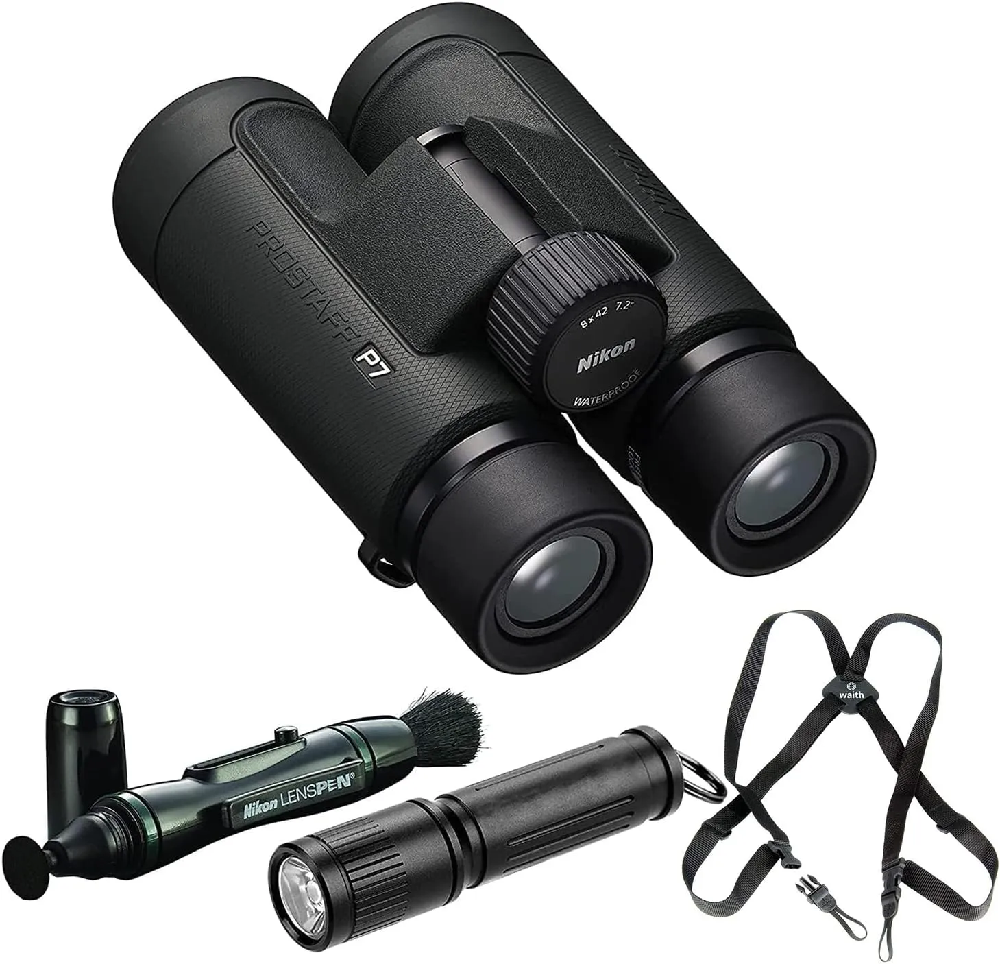 Nikon PROSTAFF P7 8x42 Waterproof Binocular for Adults | Small & Compact Travel Binoculars for Bird Watching | Binocular Harness Strap, Lens Pen Cleaning System, & Flashlight Bundle Set