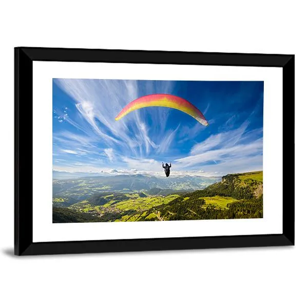 Paraglider Flying Over Mountains In Summer Day Canvas Wall Art