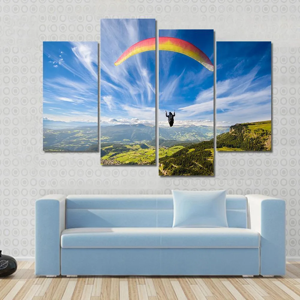 Paraglider Flying Over Mountains In Summer Day Canvas Wall Art
