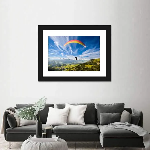 Paraglider Flying Over Mountains In Summer Day Canvas Wall Art