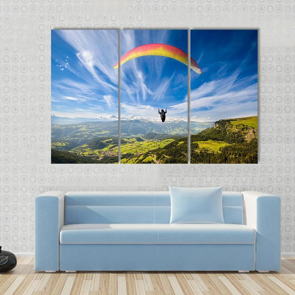 Paraglider Flying Over Mountains In Summer Day Canvas Wall Art