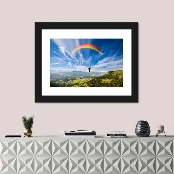 Paraglider Flying Over Mountains In Summer Day Canvas Wall Art