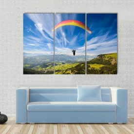 Paraglider Flying Over Mountains In Summer Day Canvas Wall Art