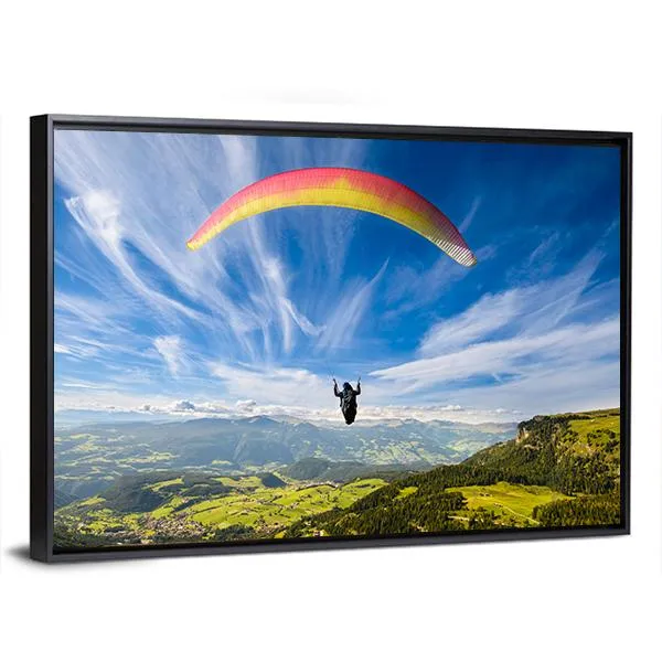 Paraglider Flying Over Mountains In Summer Day Canvas Wall Art