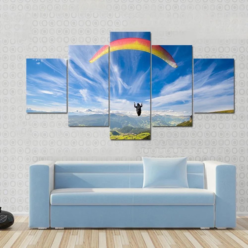Paraglider Flying Over Mountains In Summer Day Canvas Wall Art