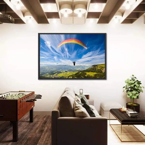 Paraglider Flying Over Mountains In Summer Day Canvas Wall Art