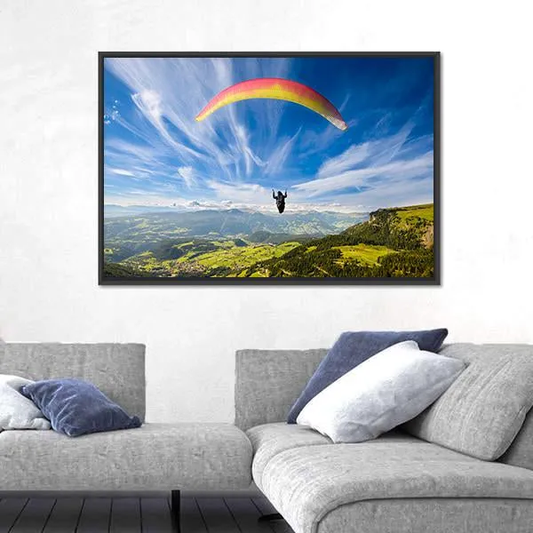 Paraglider Flying Over Mountains In Summer Day Canvas Wall Art