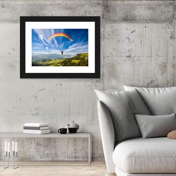 Paraglider Flying Over Mountains In Summer Day Canvas Wall Art