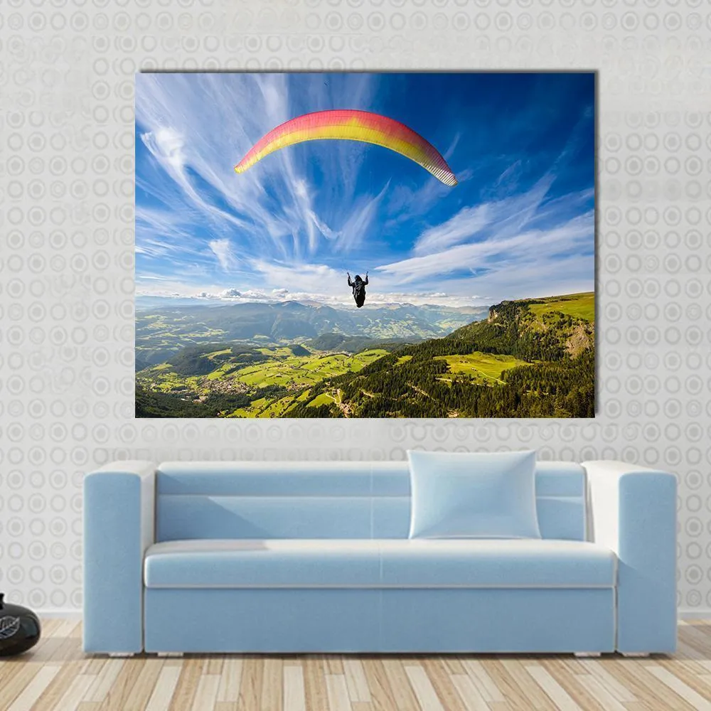 Paraglider Flying Over Mountains In Summer Day Canvas Wall Art