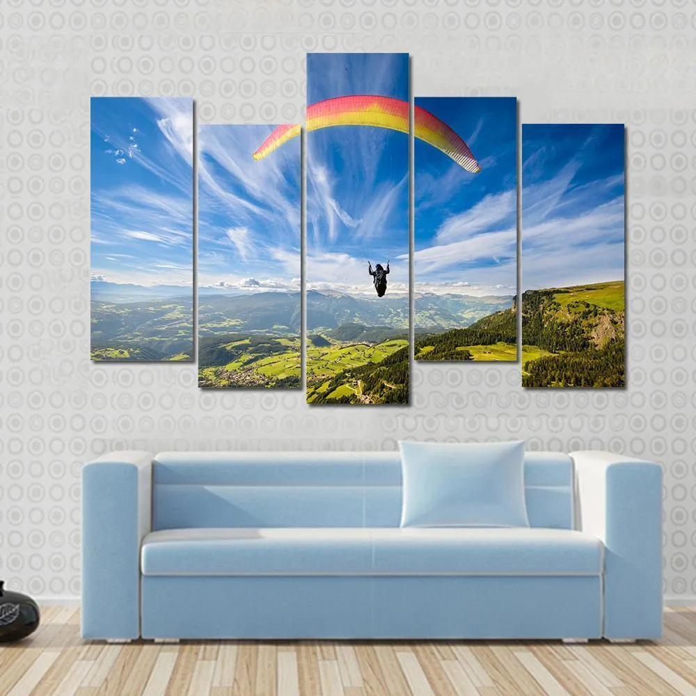Paraglider Flying Over Mountains In Summer Day Canvas Wall Art