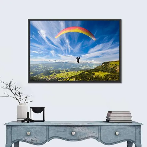 Paraglider Flying Over Mountains In Summer Day Canvas Wall Art