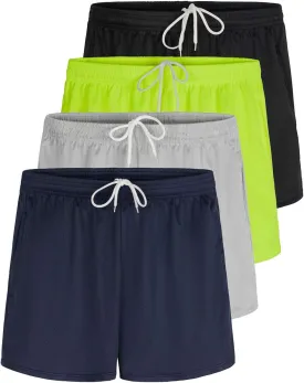 Real Essentials 4 Pack: Womens Active Athletic Performance Mesh Shorts with Pockets (Available in Plus Size)