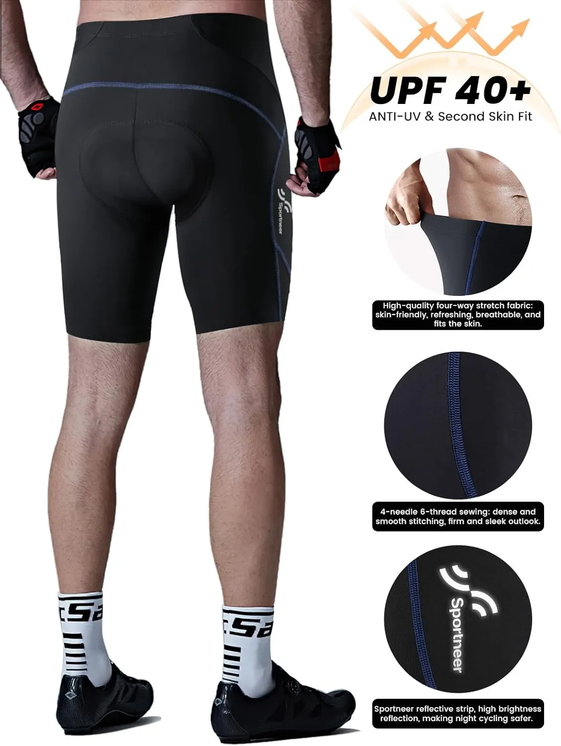 Sportneer Padded Bike Shorts for Men - 4D Padding Mens Bicycle Cycling Biking Clothing Shorts, Breathable and Absorbent