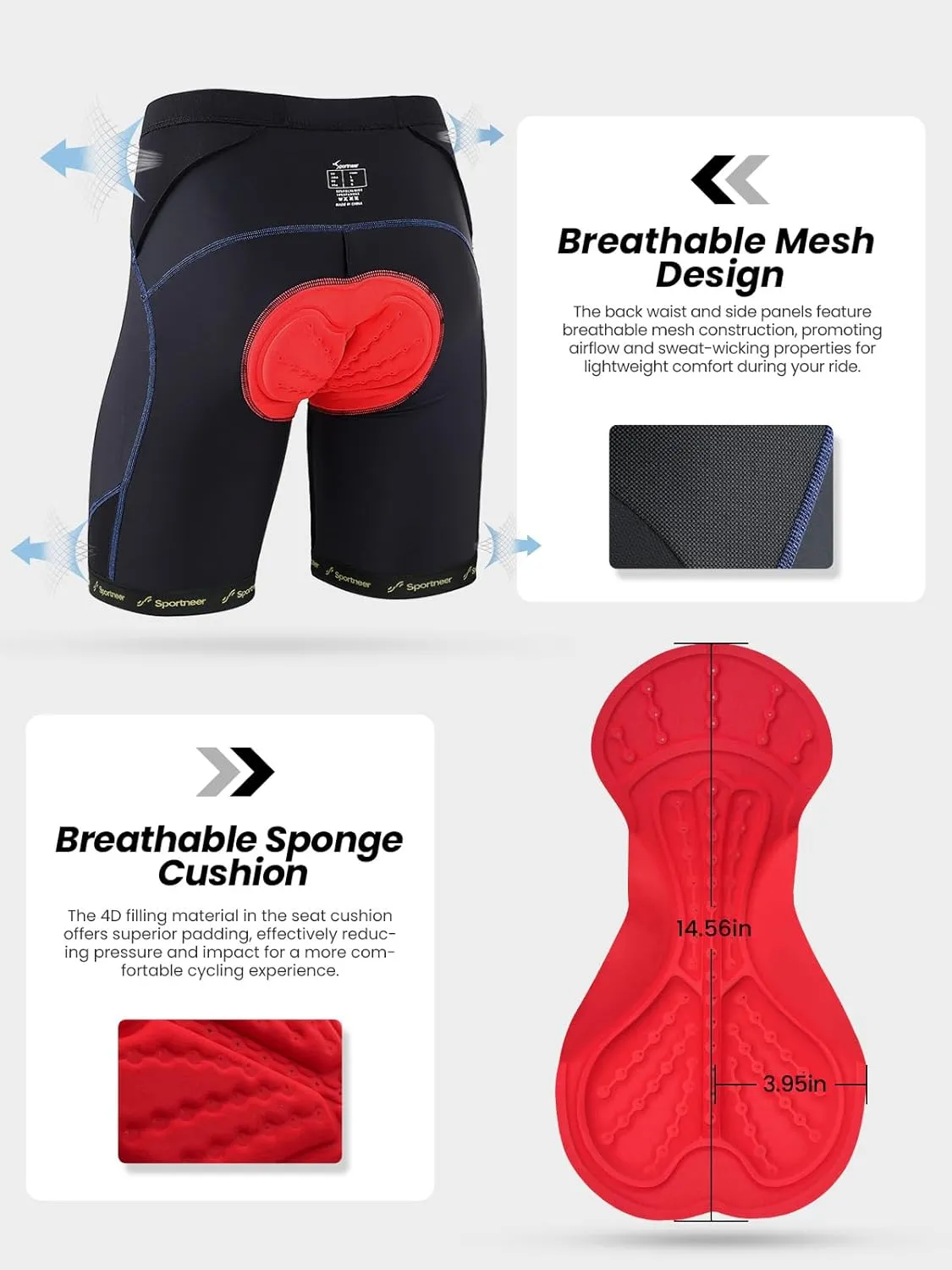 Sportneer Padded Bike Shorts for Men - 4D Padding Mens Bicycle Cycling Biking Clothing Shorts, Breathable and Absorbent