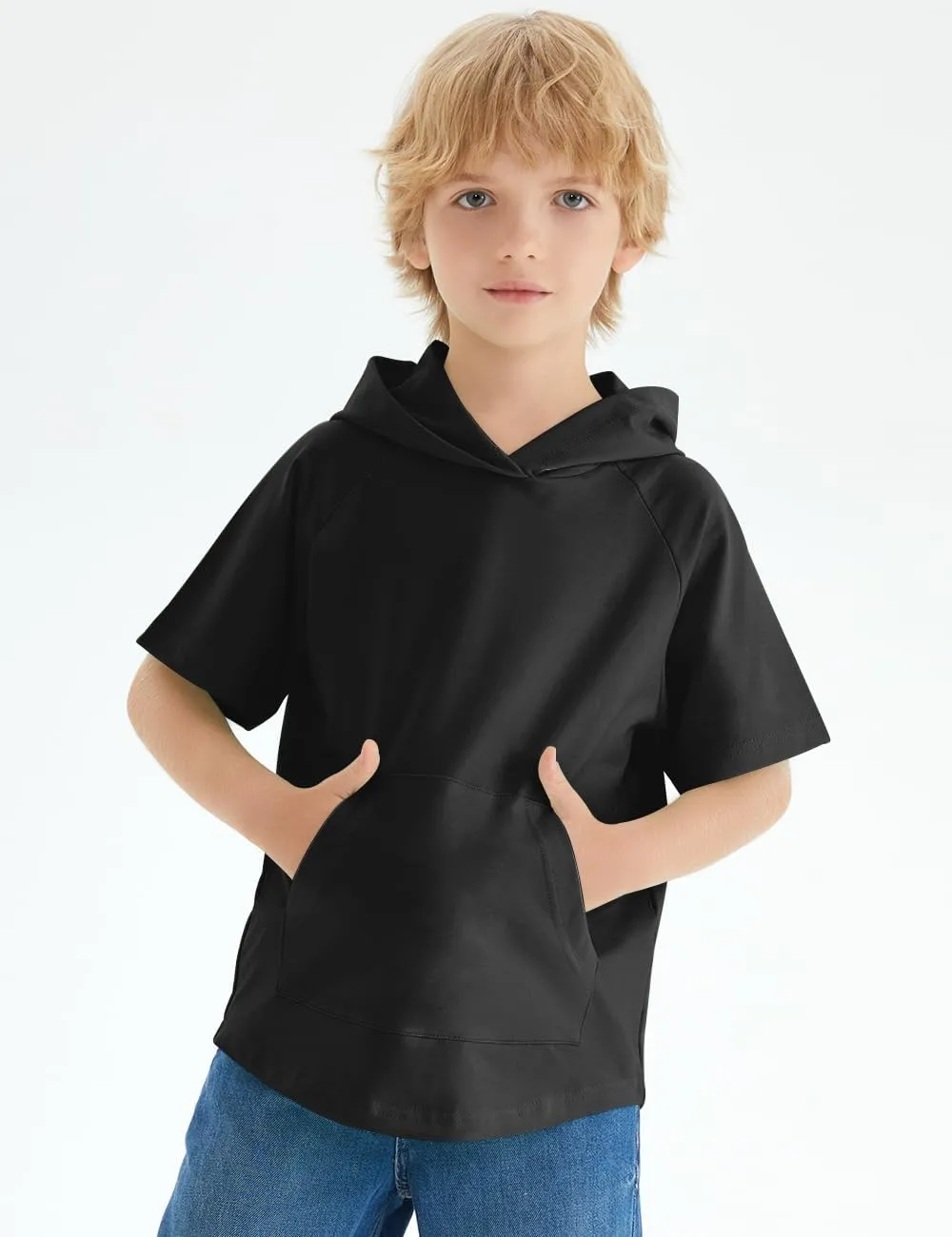 Spring&Gege Boys Light Weight Short Sleeve Hoodie Casual Solid Pullover Hooded T-shirt with Pocket