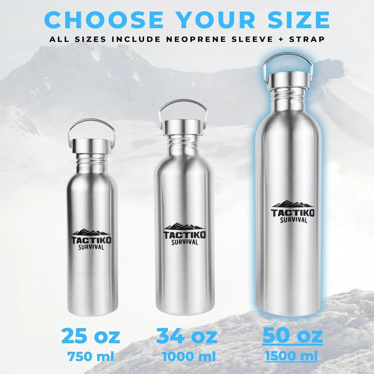 Tactiko 50 oz/1500ml Stainless Steel Water Bottle with Sleeve and Strap  Leakproof, Lightweight, Boil-Safe, BPA-Free, Wide Mouth  Survival, Hiking, Camping, Travel