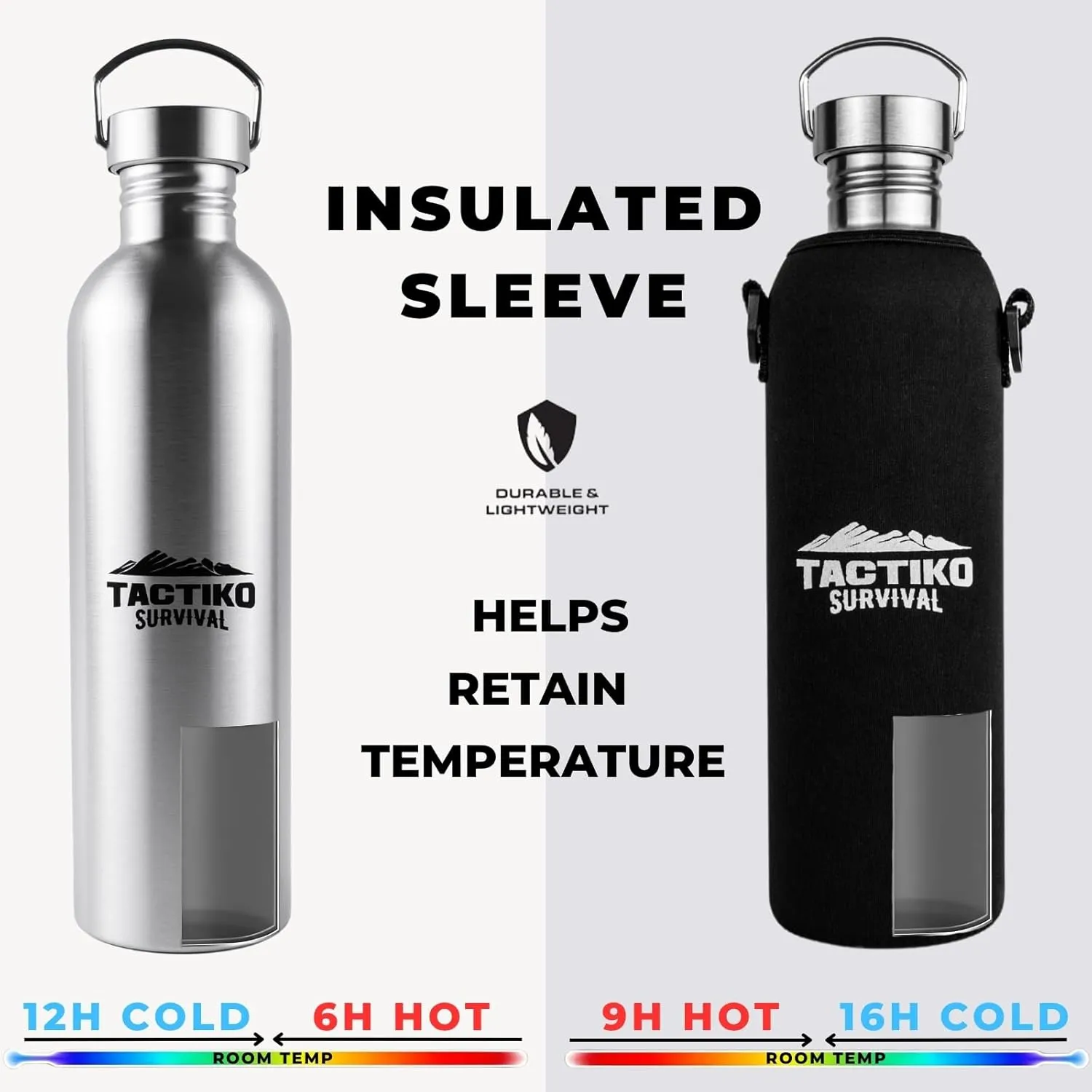 Tactiko 50 oz/1500ml Stainless Steel Water Bottle with Sleeve and Strap  Leakproof, Lightweight, Boil-Safe, BPA-Free, Wide Mouth  Survival, Hiking, Camping, Travel