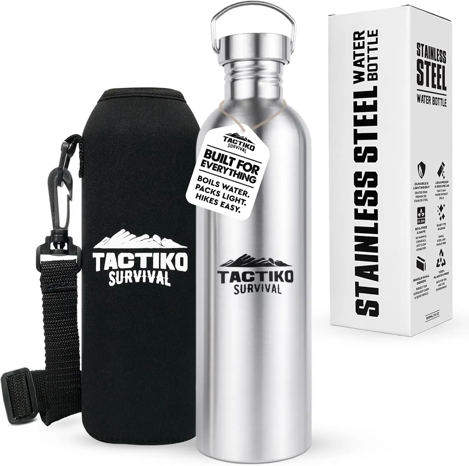 Tactiko 50 oz/1500ml Stainless Steel Water Bottle with Sleeve and Strap  Leakproof, Lightweight, Boil-Safe, BPA-Free, Wide Mouth  Survival, Hiking, Camping, Travel