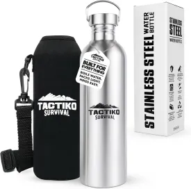 Tactiko 50 oz/1500ml Stainless Steel Water Bottle with Sleeve and Strap  Leakproof, Lightweight, Boil-Safe, BPA-Free, Wide Mouth  Survival, Hiking, Camping, Travel