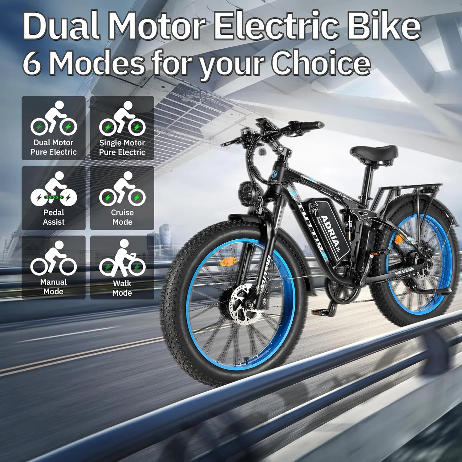 Tuttio Dual-Motor-Electric-Bike for Adults-Men, 40-46MPH-Fast-Ebike, 52V 30AH, Up to 80Miles, 26" Fat-Tire-Electric-Bicycle, Full Suspension Mountain Bike for Off-Road Snow Sand Hunting