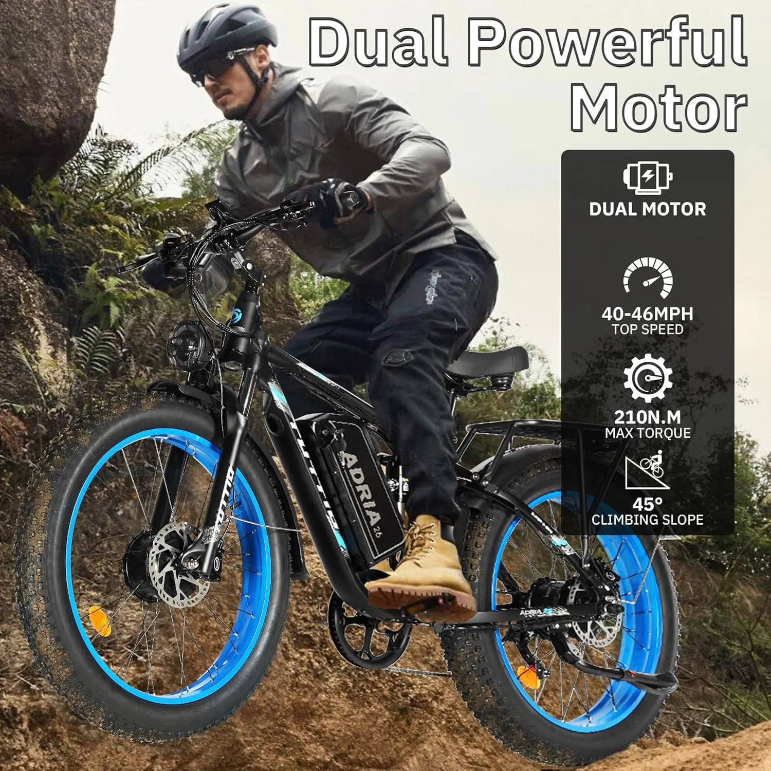 Tuttio Dual-Motor-Electric-Bike for Adults-Men, 40-46MPH-Fast-Ebike, 52V 30AH, Up to 80Miles, 26" Fat-Tire-Electric-Bicycle, Full Suspension Mountain Bike for Off-Road Snow Sand Hunting