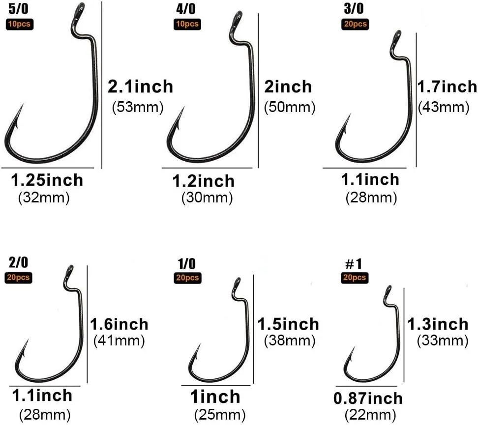 UCEC Fishing Hooks, 140PCS/ 100PCS/ 60PCS EWG Offset Worm Hooks Bass Hooks Wide Gap 2X Strong Senko Bait Texas Rig Jig Fish Hooks for Bass Trout Saltwater Freshwater Size:#4#2#1 1/0 2/0 3/0 4/0 5/0