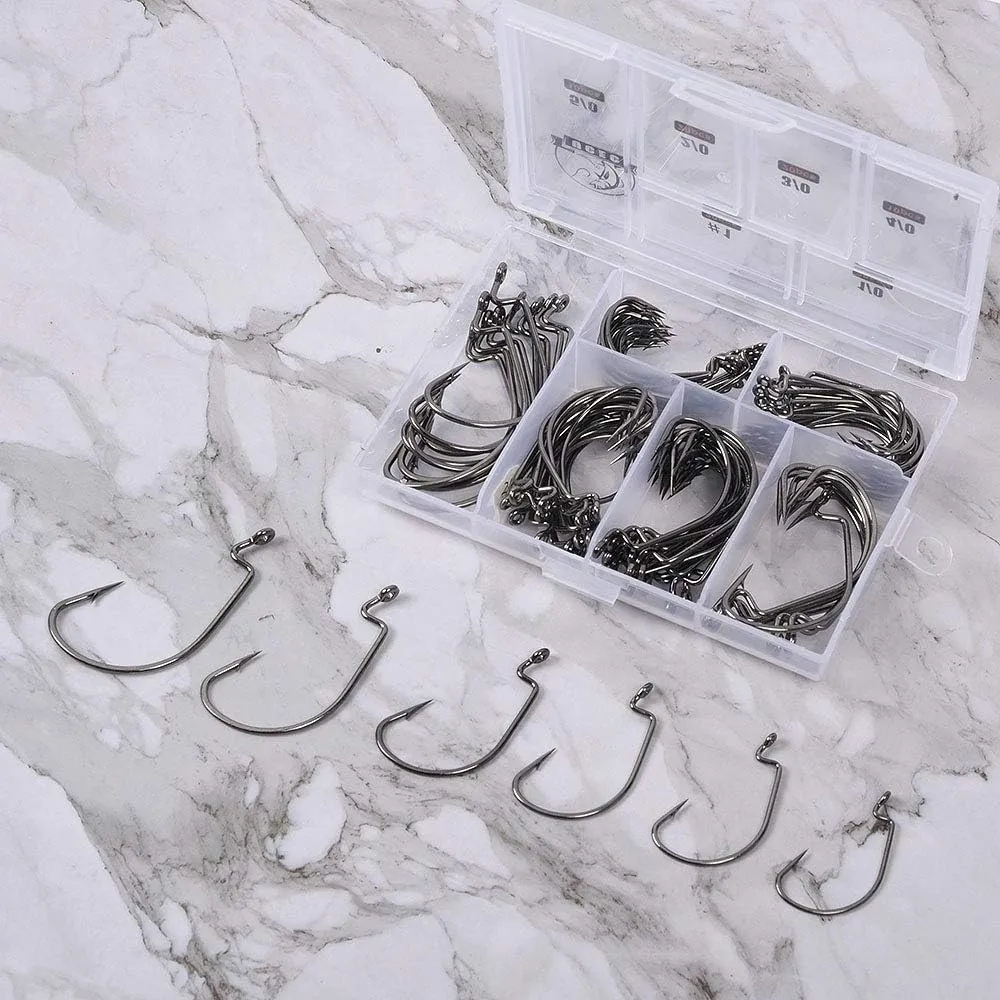 UCEC Fishing Hooks, 140PCS/ 100PCS/ 60PCS EWG Offset Worm Hooks Bass Hooks Wide Gap 2X Strong Senko Bait Texas Rig Jig Fish Hooks for Bass Trout Saltwater Freshwater Size:#4#2#1 1/0 2/0 3/0 4/0 5/0